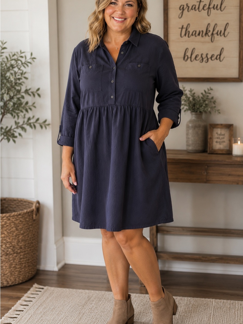 Draper James Women's Navy Button-Front Babydoll Dress Size 1X